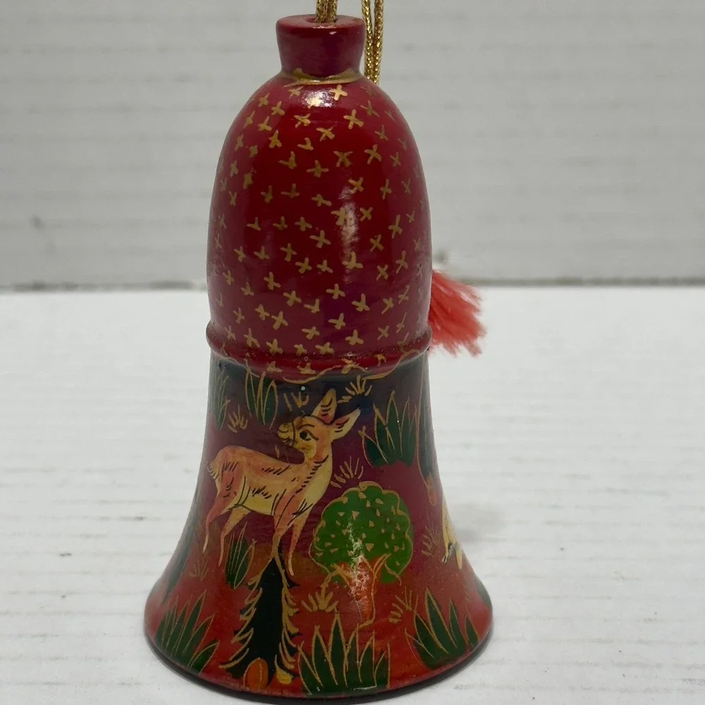 Hand Painted PapierMache Bell Ornament Red Gold Deer Woodland Scene Tassel 2.75